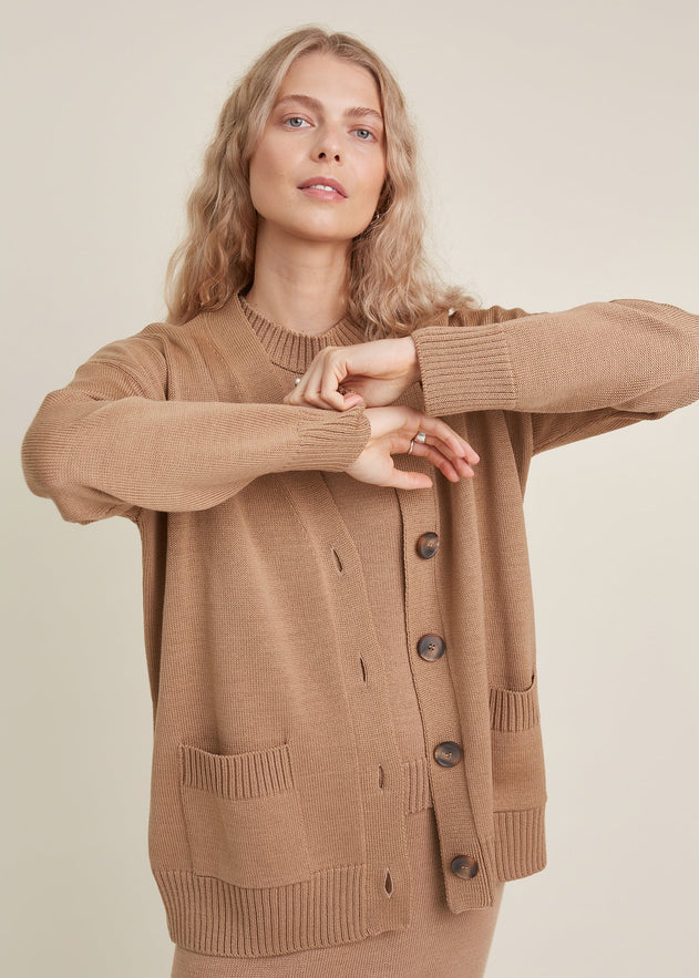 Button-Up Merino Wool Cardigan Camel