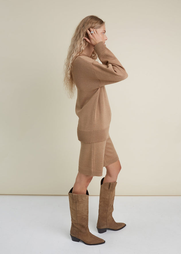 Knitted Merino Wool Oversized Sweater & Shorts Set Camel