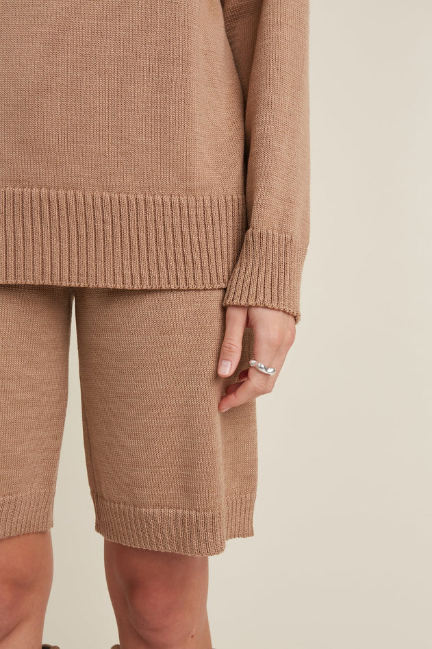 Knitted Merino Wool Oversized Sweater & Shorts Set Camel
