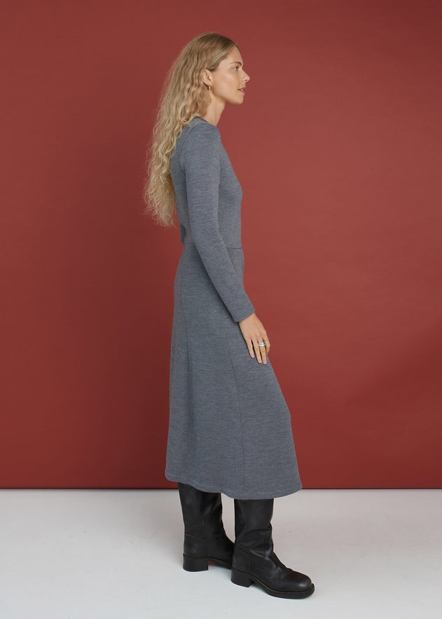 Knitted Merino Wool A-line Midi Dress Grey