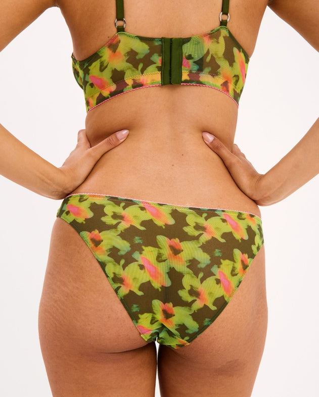 Mesh Bikini Briefs Olive Abstract Floral