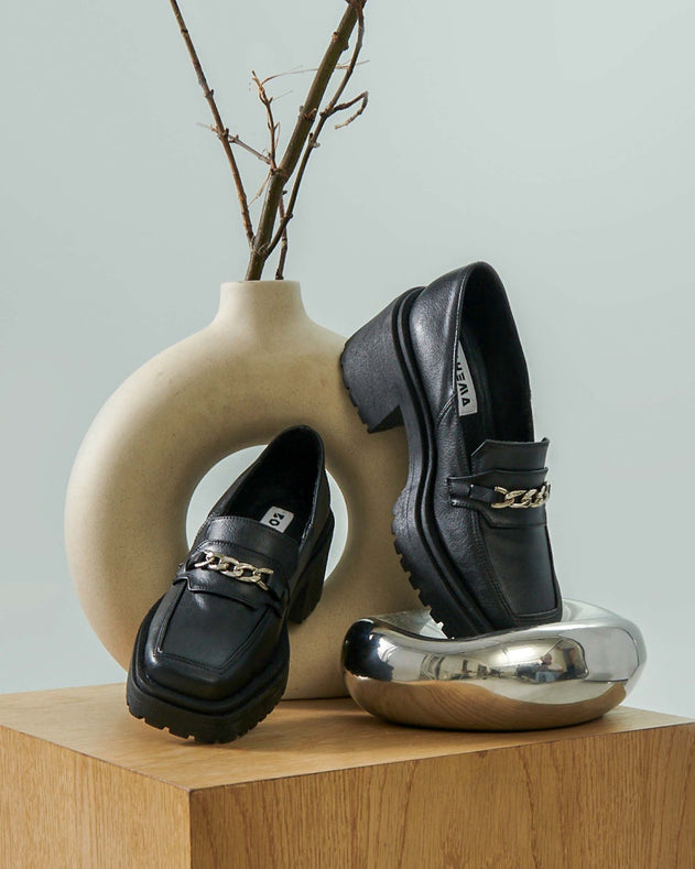 Squared Chunky Loafers Black Vegan Women's Loafers Shoes
