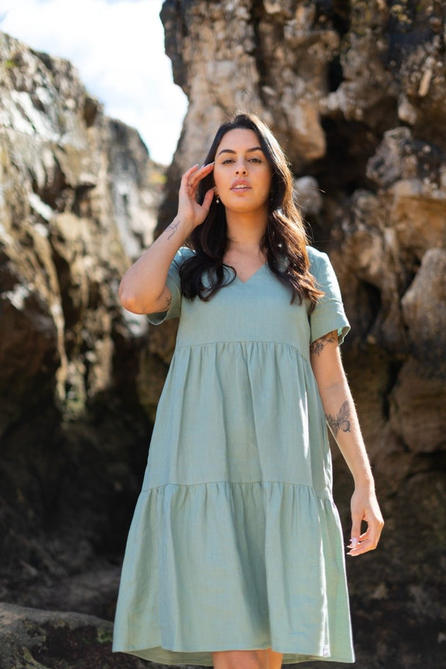Linen Layer Dress Desert Sage Green - IVALO.COM