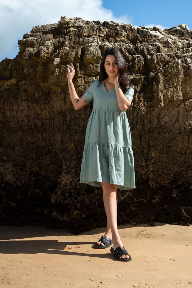Linen Layer Dress Desert Sage Green - IVALO.COM