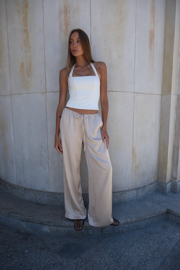 Satin Trousers With Tied Pockets Beige