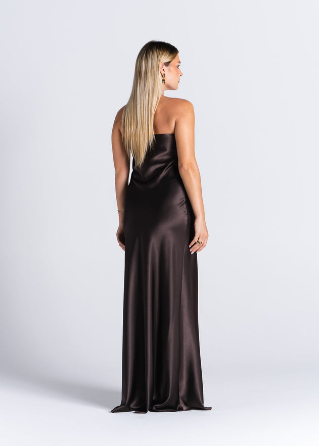 La Noche Strapless Satin Gown with Shawl Dark Brown