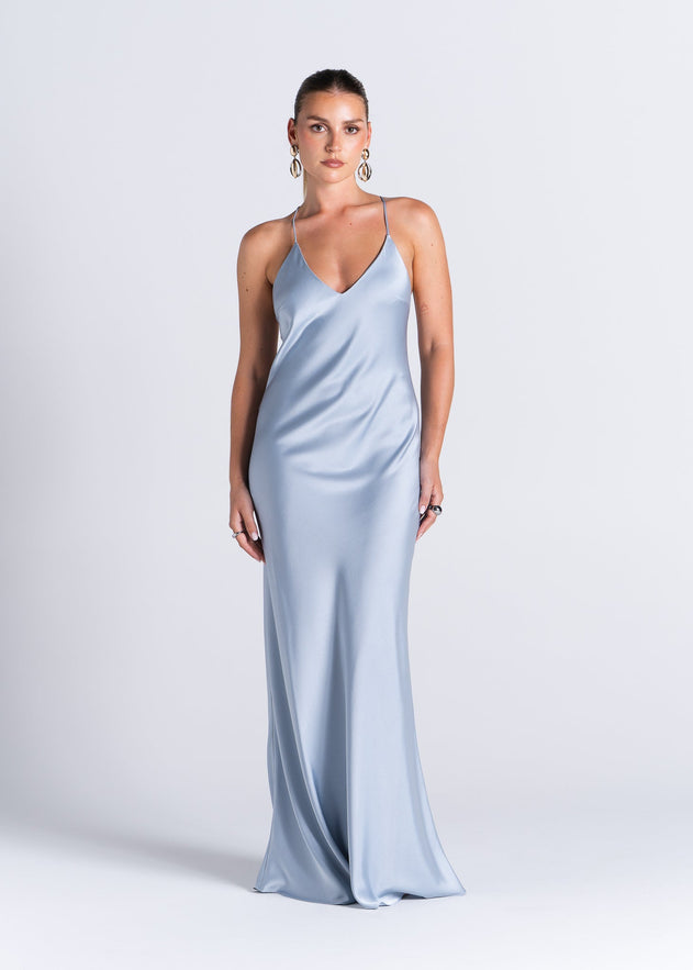La Mar Satin Gown with Sheer Shawl Baby Blue
