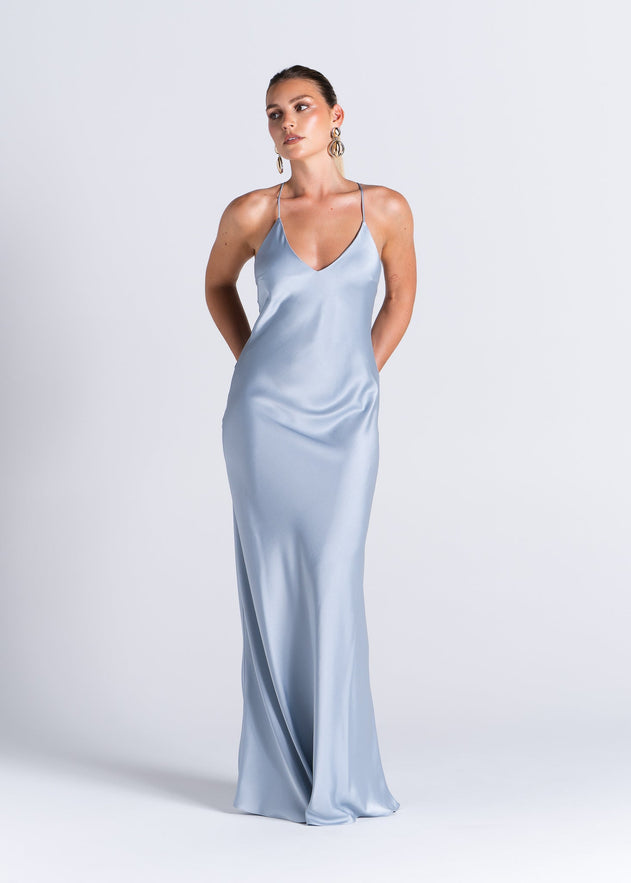 La Mar Satin Gown with Sheer Shawl Baby Blue