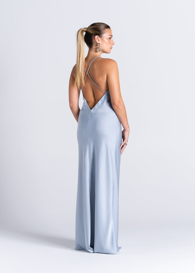 La Mar Satin Gown with Sheer Shawl Baby Blue