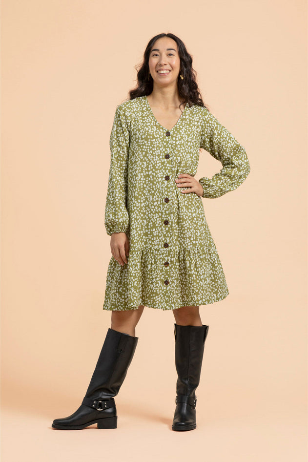 Ruffle Button Dress Flora Olive