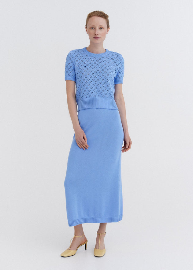 Knitted Cotton Lace Top and Skirt Set Sky