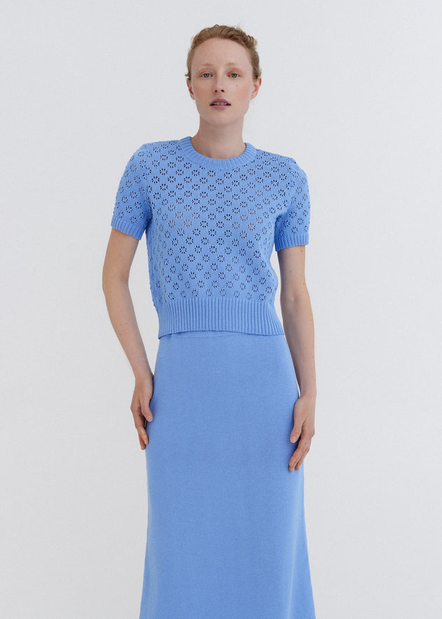 Knitted Cotton Lace Top and Skirt Set Sky