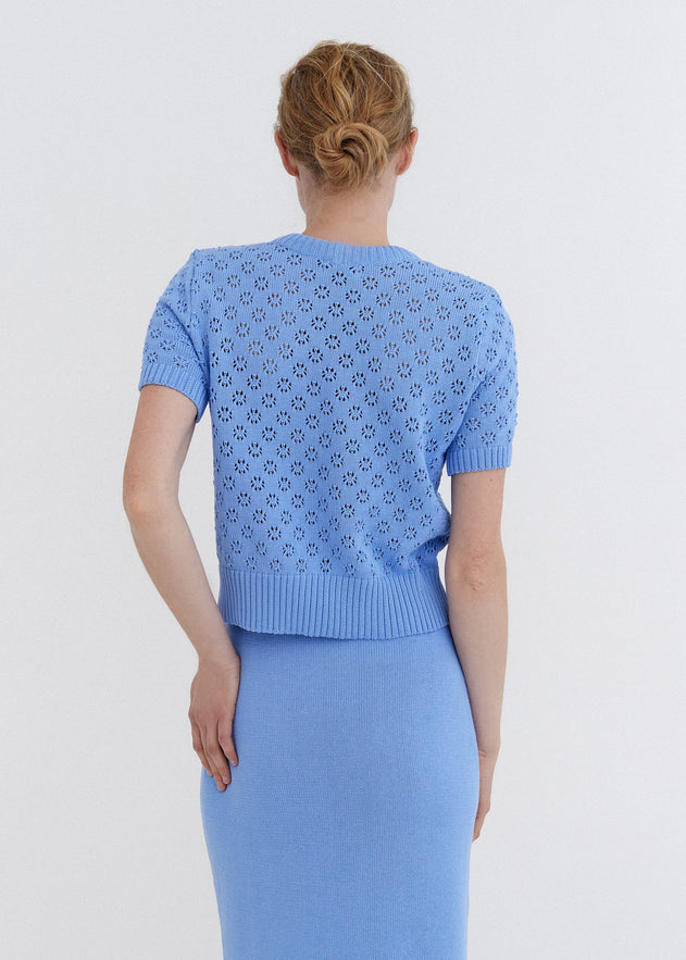 Knitted Cotton Lace Top and Skirt Set Sky