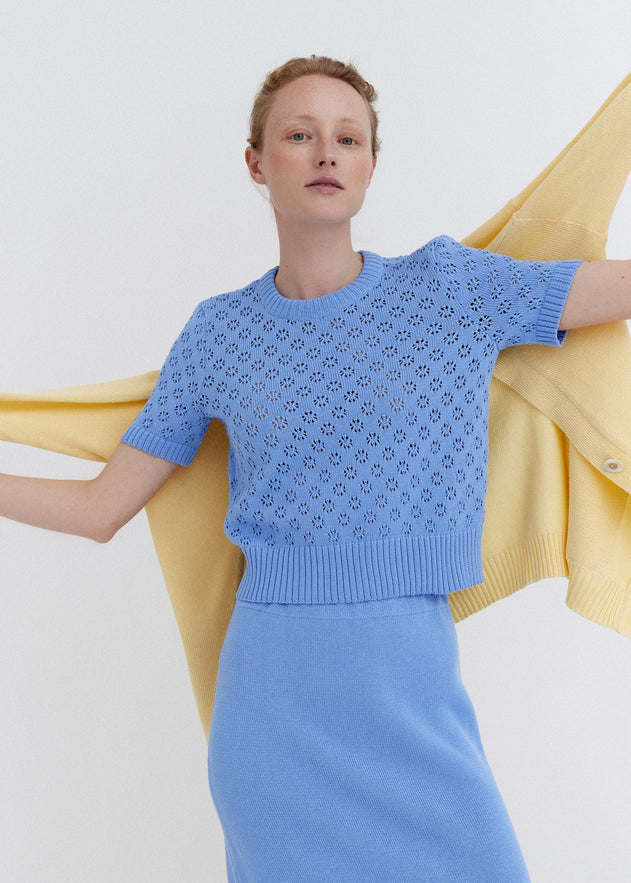 Knitted Cotton Lace Top and Skirt Set Sky
