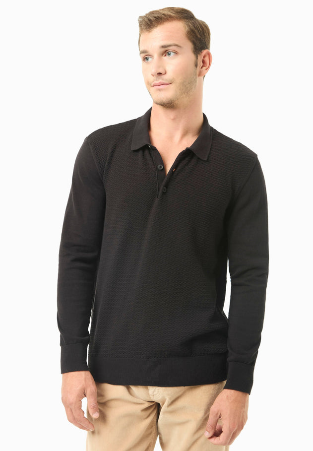 Men's Textured Knit Polo Collar Sweater Black