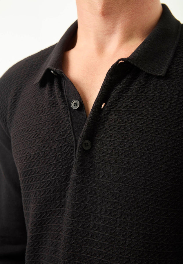 Men's Textured Knit Polo Collar Sweater Black