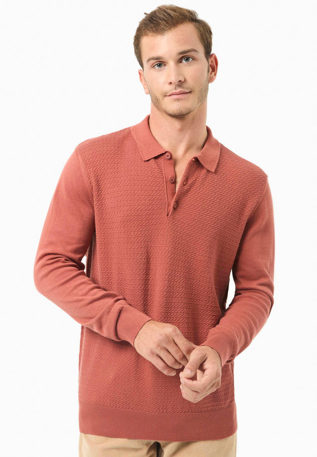 Men's Textured Knit Polo Collar Sweater Cinnamon