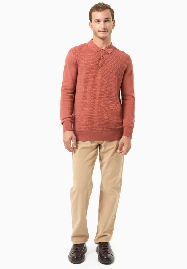 Men's Textured Knit Polo Collar Sweater Cinnamon