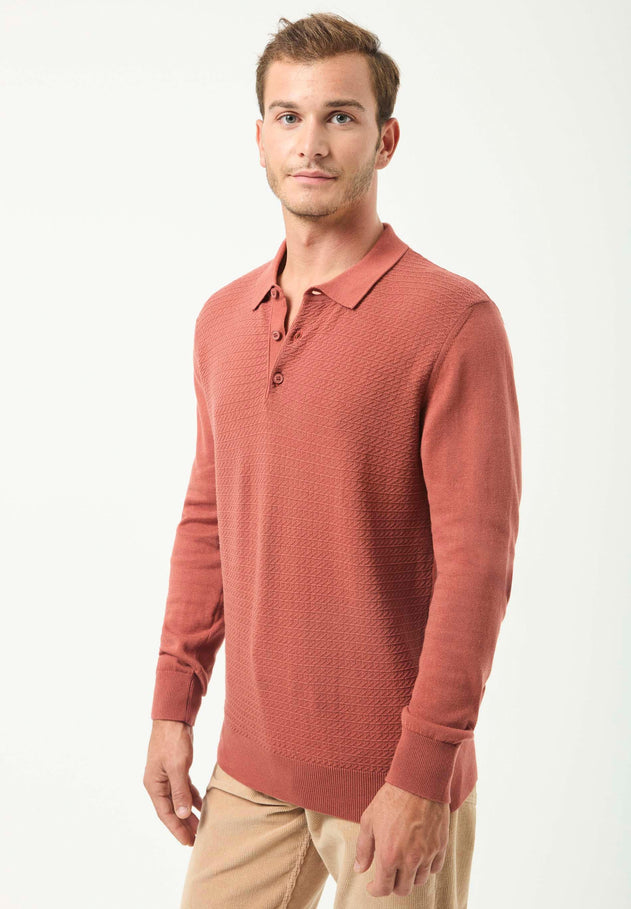 Men's Textured Knit Polo Collar Sweater Cinnamon