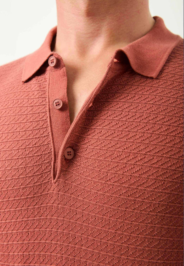 Men's Textured Knit Polo Collar Sweater Cinnamon