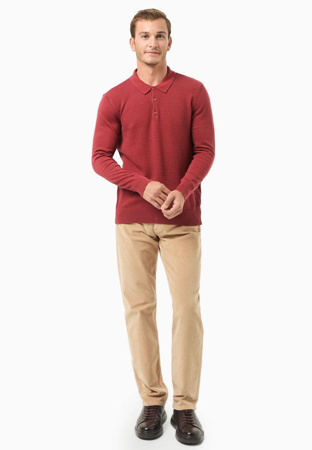 Men's Textured Knit Polo Collar Sweater Merlot