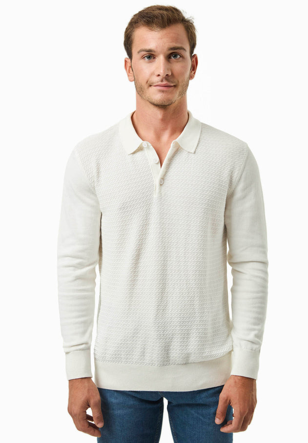 Men's Textured Knit Polo Collar Sweater Off White