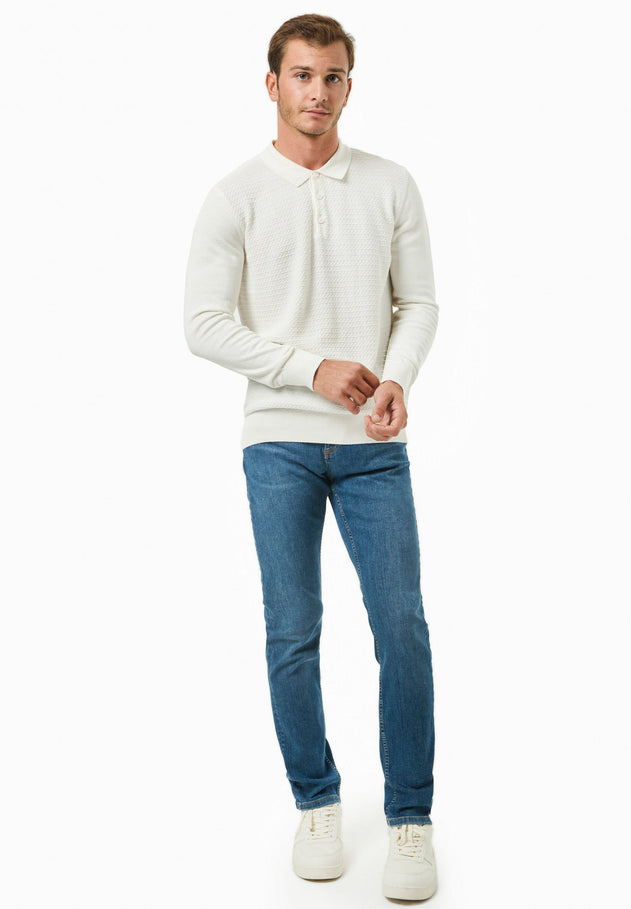 Men's Textured Knit Polo Collar Sweater Off White
