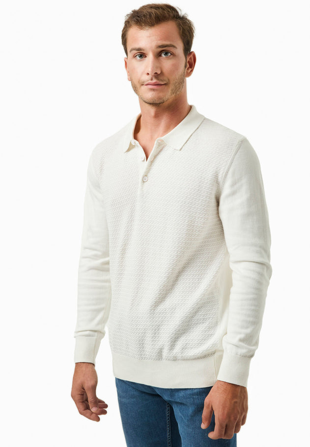 Men's Textured Knit Polo Collar Sweater Off White