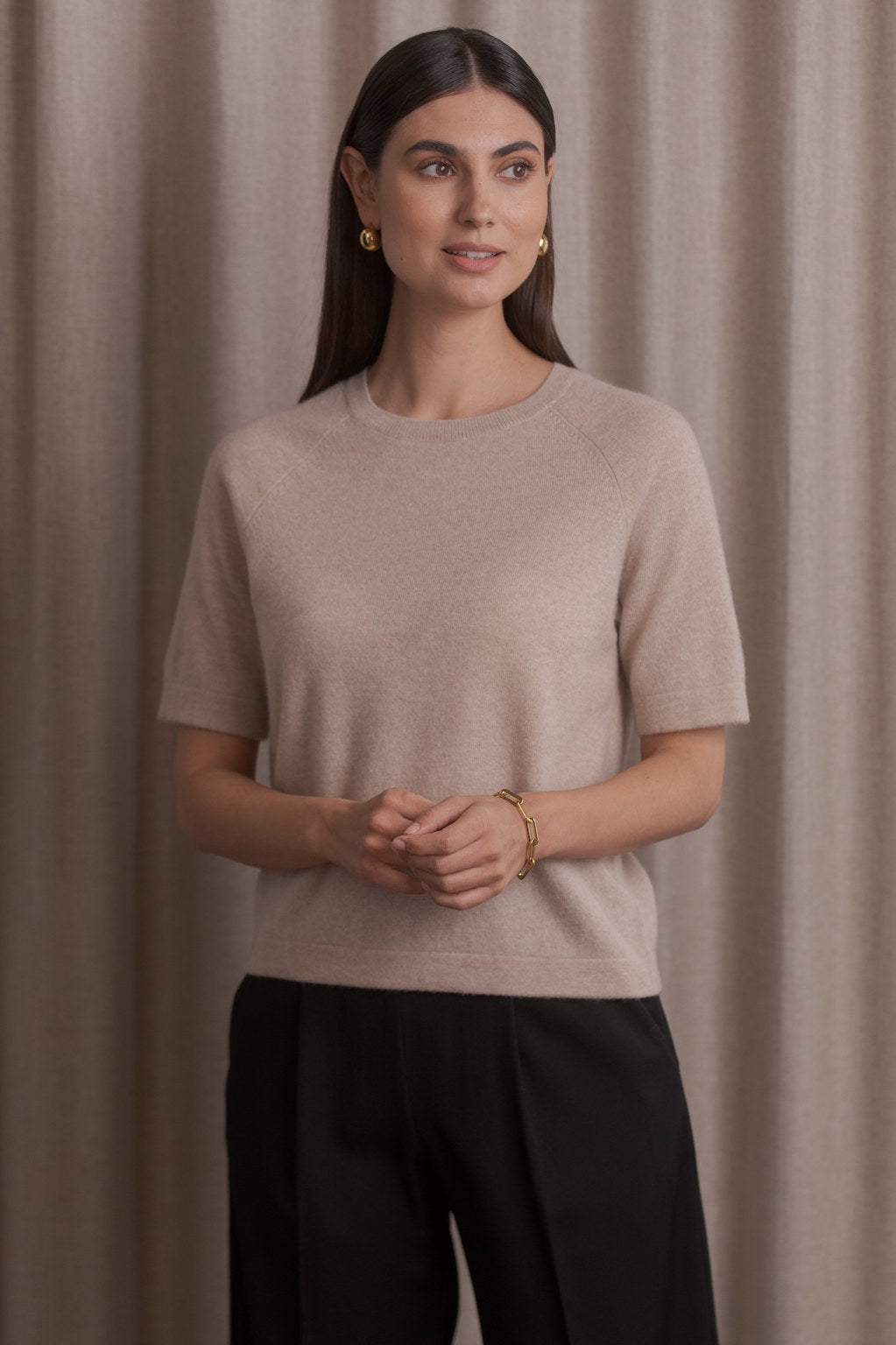 Short-Sleeved Plain Cashmere Sweater Latte