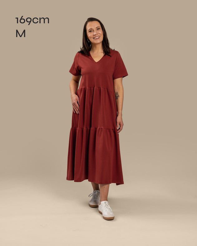 Long V-Neck Dress Mahogany