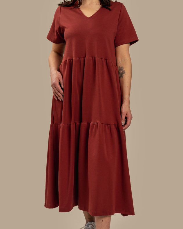Long V-Neck Dress Mahogany