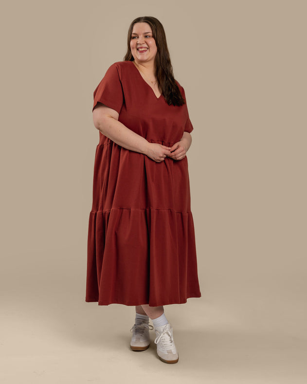 Long V-Neck Dress Mahogany