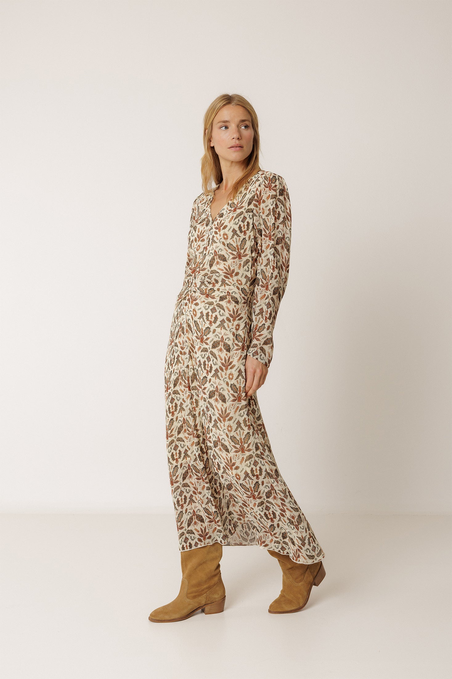 Lantern Sleeve Dress Beige