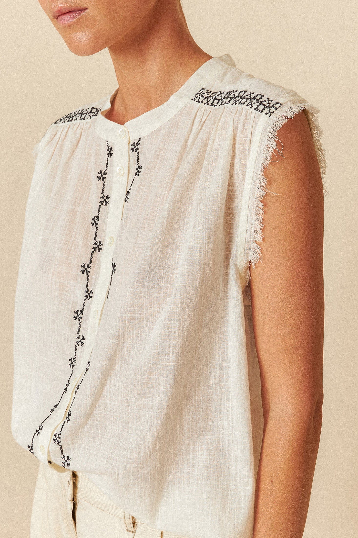 Cross Stitch Emroidered Shirt Ecru
