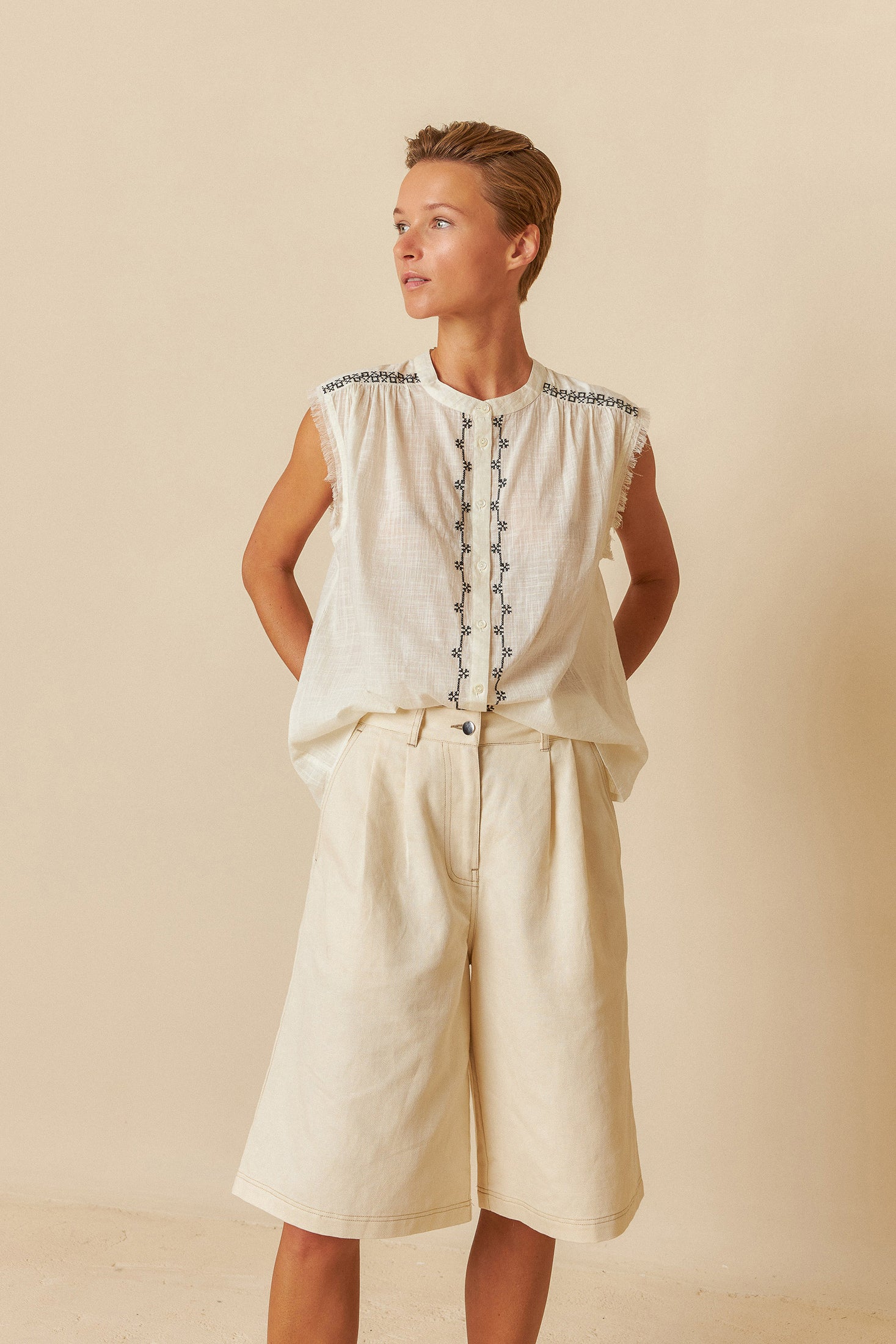 Cross Stitch Emroidered Shirt Ecru