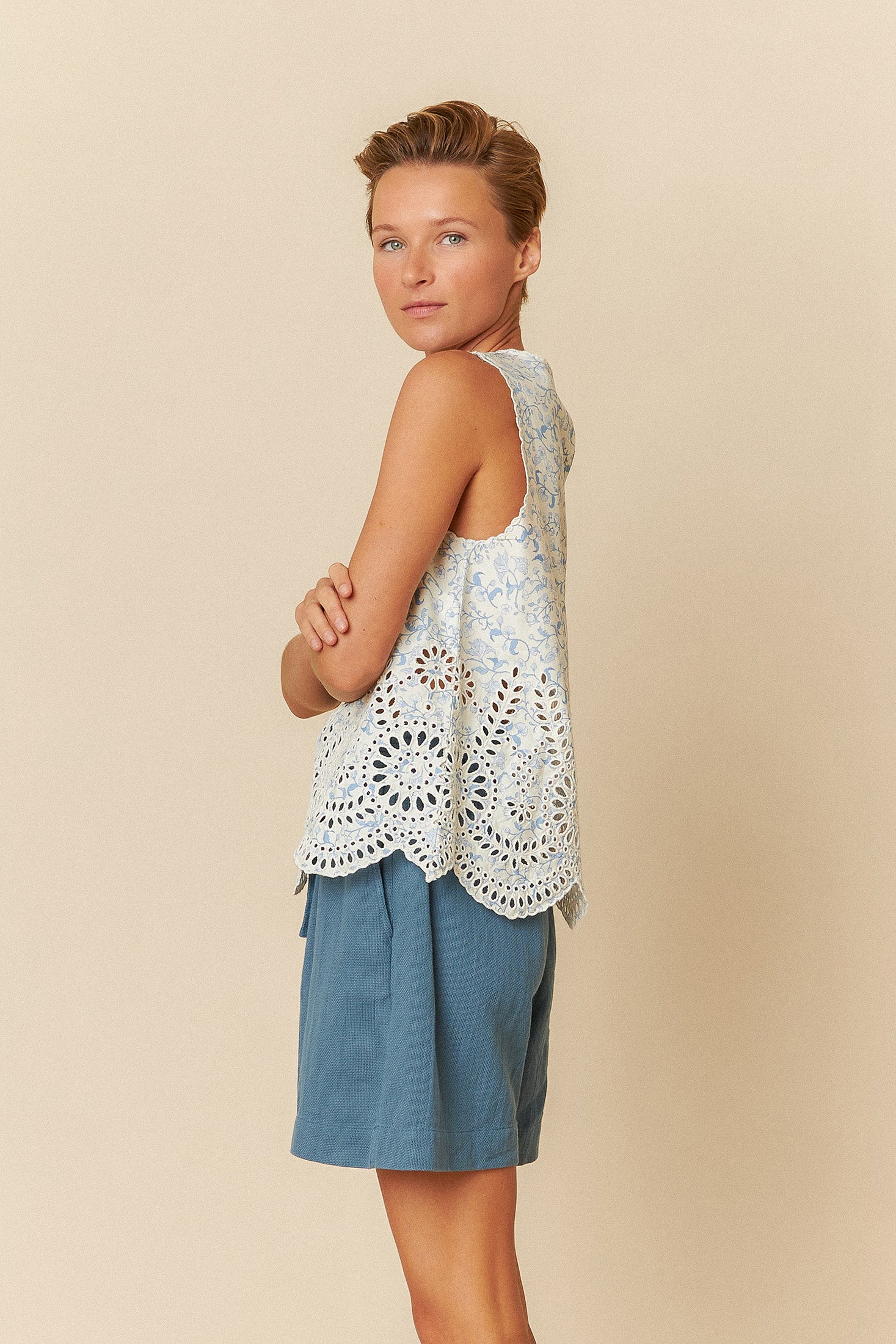 Embroidered Poplin Top Blue Floral