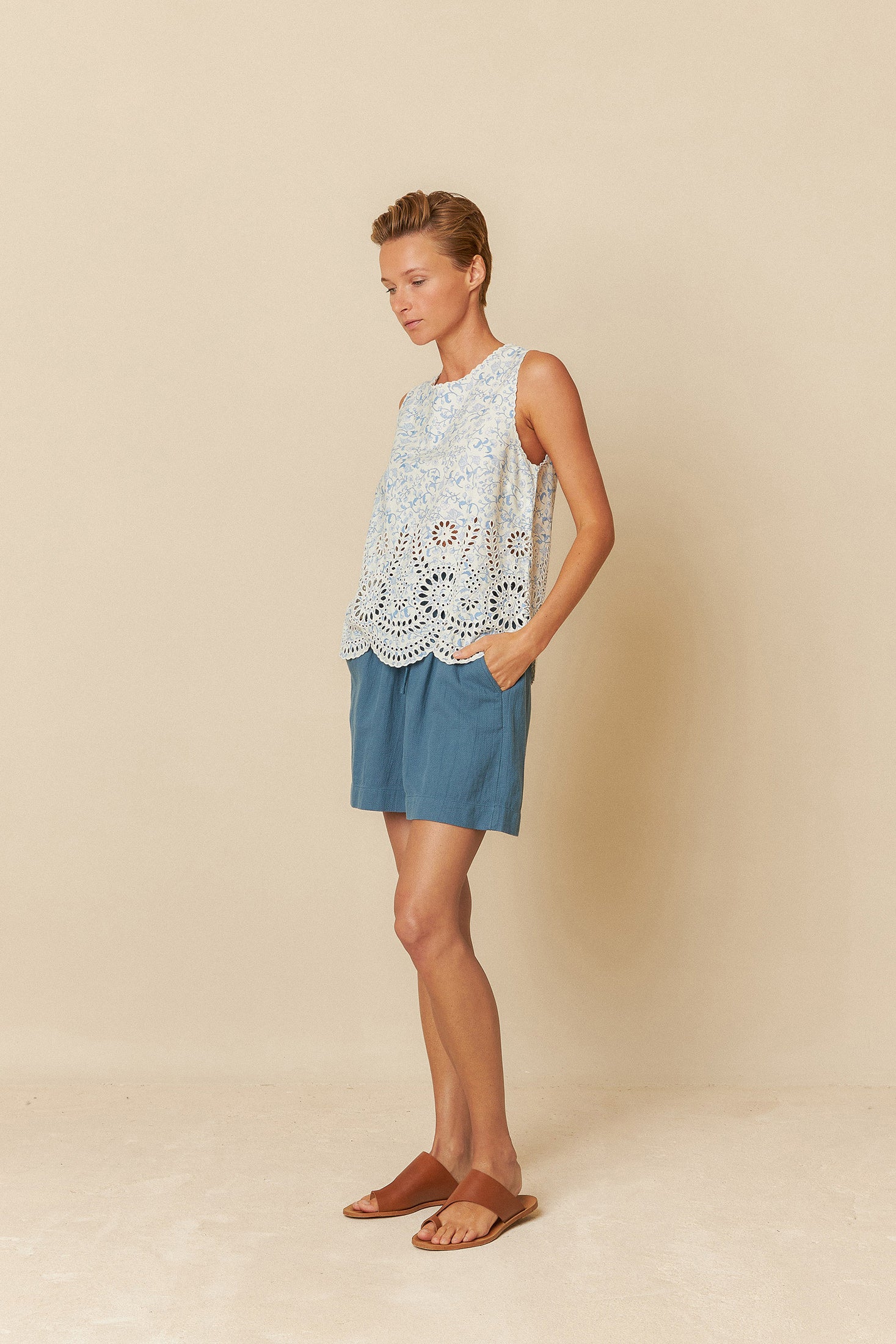 Embroidered Poplin Top Blue Floral
