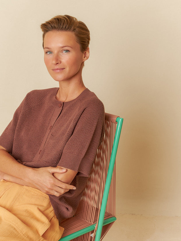 Rice Stitch Short-Sleeve Cardigan Chocolate