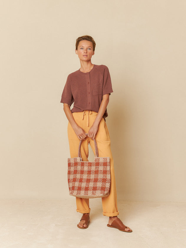 Rice Stitch Short-Sleeve Cardigan Chocolate