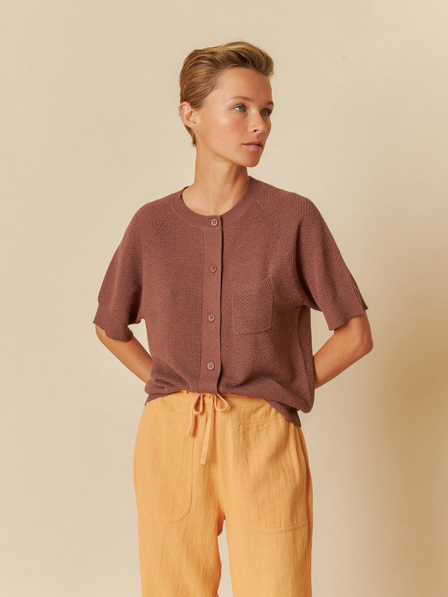 Rice Stitch Short-Sleeve Cardigan Chocolate