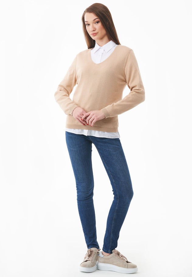 V-Neck Knitted Organic Cotton Sweater Beige