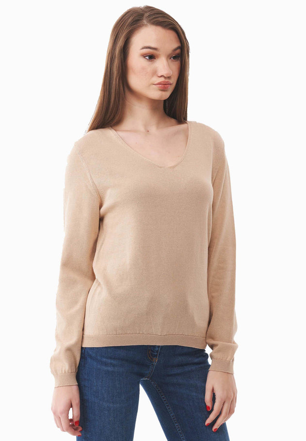 V-Neck Knitted Organic Cotton Sweater Beige