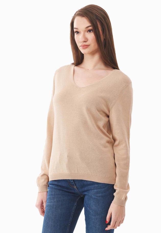 V-Neck Knitted Organic Cotton Sweater Beige