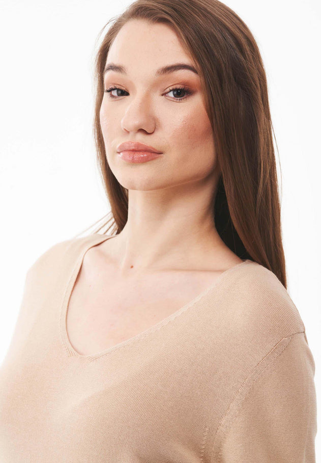 V-Neck Knitted Organic Cotton Sweater Beige
