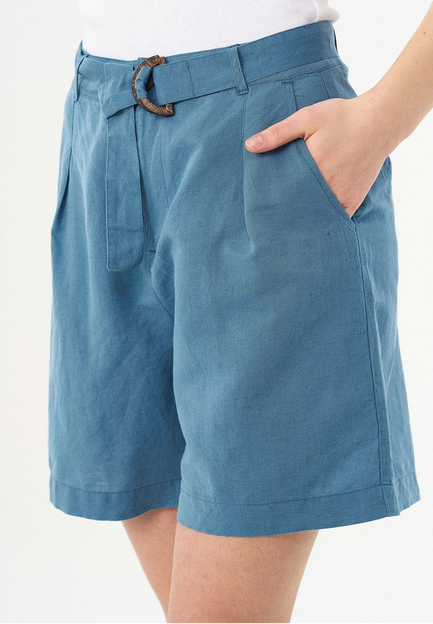 Belted Linen-Cotton Shorts Petrol Blue
