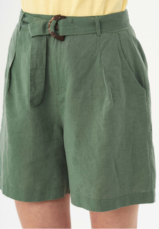 Belted Linen-Cotton Shorts Fern Green