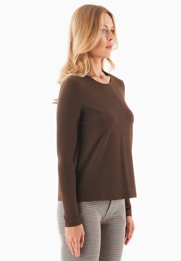 Women's Round Neck Long-Sleeve T-Shirt Chestnut Brown