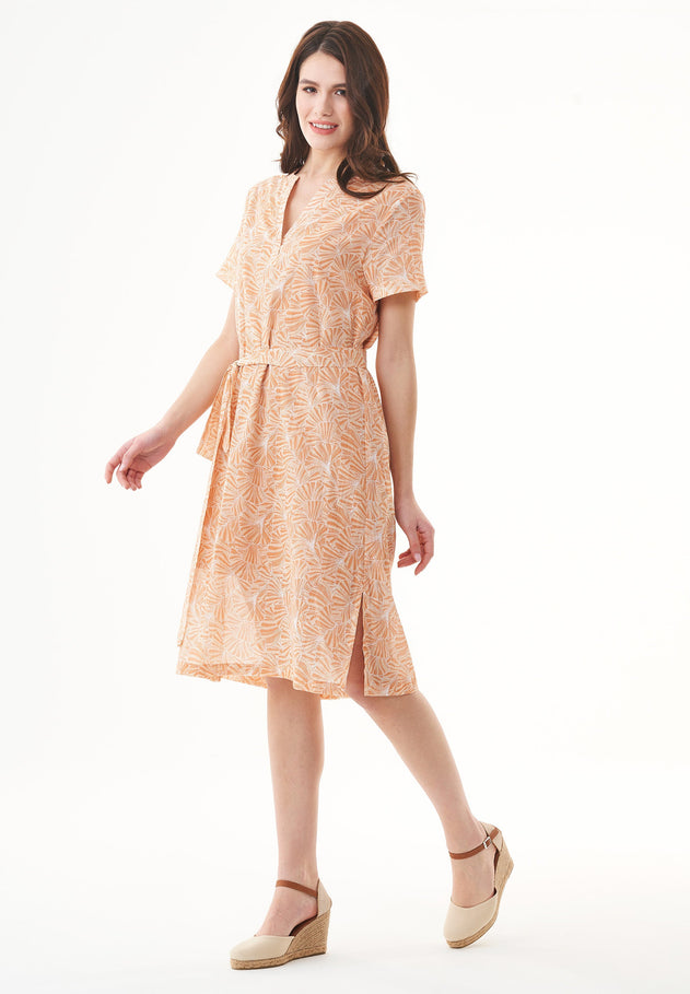 Belted Organic Cotton Voile Dress Indian Tan Flower