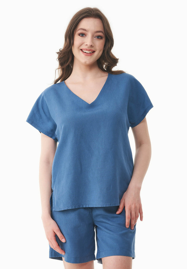 Linen-Lyocell Blend V-Neck Blouse Light Navy
