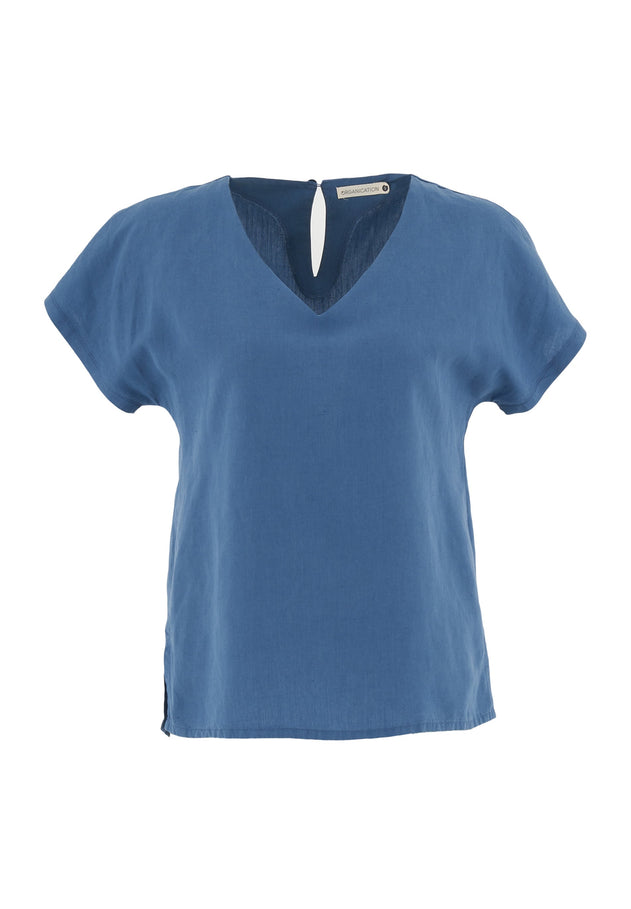 Linen-Lyocell Blend V-Neck Blouse Light Navy